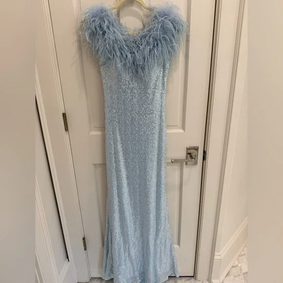jovani blue feather dress Jovani JVN24164 Size 8 Blue Prom Dress Feather Sequin